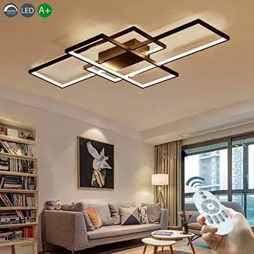 LED Living Room Dining Room Ceiling Light Fixtures 3000-6500K Ceiling Hanging Lighting Dimmable Remote Acrylic Chandeliers Modern 3 Rectangle Hotel Lobby Kitchen Bedroom Pendant Light,Black,105cm