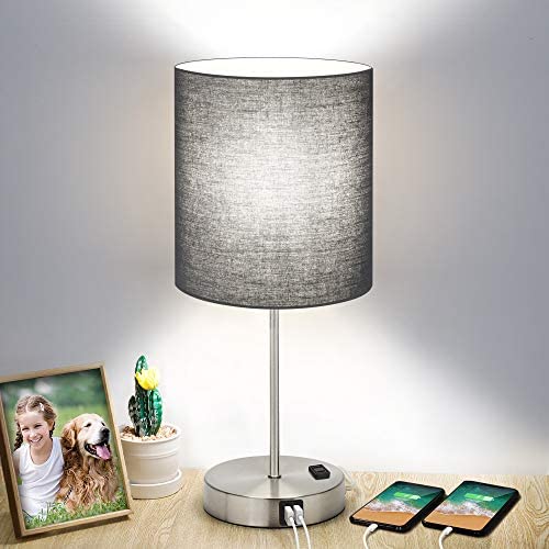 Touch Control Table Lamp, 3 Way Dimmable Bedside Desk Lamp with 2 Fast USB Charging Ports AC Outlet, Black Fabric Shade Modern Nightstand Lamp for Bedroom Living Room, 60W LED Bulb Included (Silver)