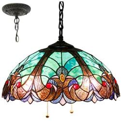 Tiffany Hanging Lamp W16H40 Inch Pendant Light Green Stained Glass Liaison Shade Chandelier Ceiling Fixture S160G WERFACTORY Decorate Dining Room LivingRoom Bedroom Study Office Cafe Bar Hallway Loft