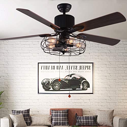 Bella Depot 52'' Vintage Industrial Ceiling Fan Light, Remote Control & Pull Chains, 5 Wood Reversible Blades, Black Cage Ceiling Fan for Living Room/Bedroom/Restaurant etc.