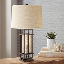 Matthew Modern Rustic Table Lamp with Nightlight LED Caged Brown Metal Oatmeal Fabric Drum Shade for Living Room Bedroom Bedside Nightstand Office Family - Franklin Iron Works