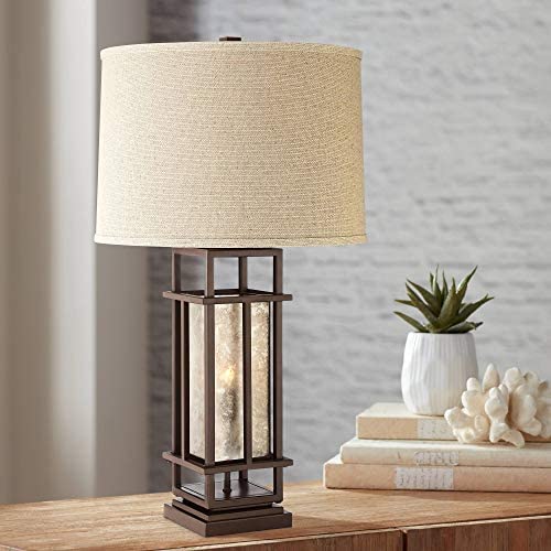 Matthew Modern Rustic Table Lamp with Nightlight LED Caged Brown Metal Oatmeal Fabric Drum Shade for Living Room Bedroom Bedside Nightstand Office Family - Franklin Iron Works