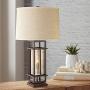 Matthew Modern Rustic Table Lamp with Nightlight LED Caged Brown Metal Oatmeal Fabric Drum Shade for Living Room Bedroom Bedside Nightstand Office Family - Franklin Iron Works