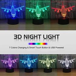 YKLWORLD Airplane Night Light 3D Illusion Lamp 7 Color Changing Touch Control with USB Cable LED Table Desk Decor Lamps Christmas Birthday Gifts for Kids Boys Pilot Plane Lover