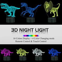 FULLOSUN Dinosaur Gifts, T-rex Dinosaur 3D Night Light for Kids (4 Patterns) with Remote Control & 16 Colors Changing & Dimmable Function & Gift Wrap, Xmas Birthday Gifts for Boy Girl