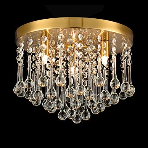 CLAXY Crystal Chandelier Brass Flush Mount Ceiling Light G9 Crystal Ceiling Light Fixture