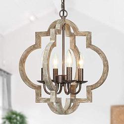 Lampundit Orb 4 Lights Farmhouse Chandelier, Wood Geometric Pendant Light for Kitchen Island Dining Living Room Entryway Foyer