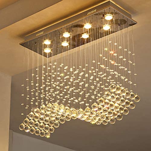 Moooni Modern Rectangular Crystal Chandelier Lighting Wave Raindrop Pendent Flush Mount Ceiling Light Fixture for Dining Room L31.5'' x W11.8'' x H27.6''