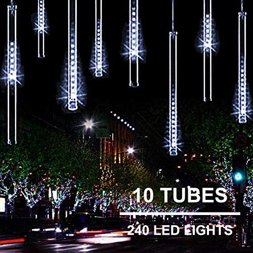 11.8 inch 10 Tubes 240 LED Meteor Shower Raindrop Lights with Timer Function Cascading Lights LED Icicle Lights Falling Raindrop Lights for Holiday Party Wedding Christmas Tree Decoration (White)