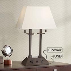 Charlton Traditional Desk Table Lamp with Hotel Style USB and AC Power Outlet in Base Bronze Rectangular Fabric Shade for Bedroom Office - Regency Hill