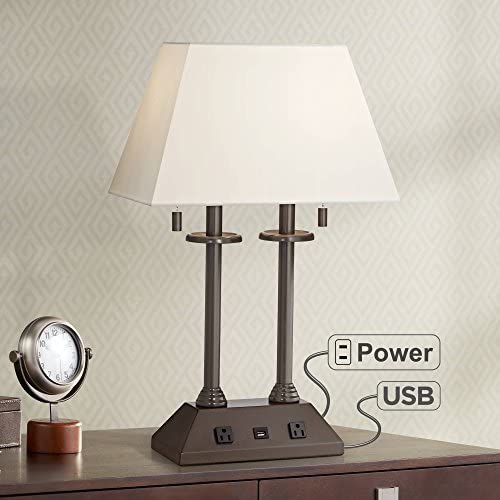 Charlton Traditional Desk Table Lamp with Hotel Style USB and AC Power Outlet in Base Bronze Rectangular Fabric Shade for Bedroom Office - Regency Hill