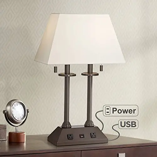 Charlton Traditional Desk Table Lamp with Hotel Style USB and AC Power Outlet in Base Bronze Rectangular Fabric Shade for Bedroom Office - Regency Hill