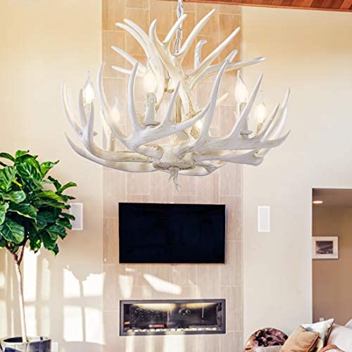 HUITICO Deer Chandelier, 6 Lights Faux Rustic White Antlers Vintage Style Antler Chandeliers Fixtures Ceiling for Living Room, Bar, Cafe, Kitchen, Dining Room
