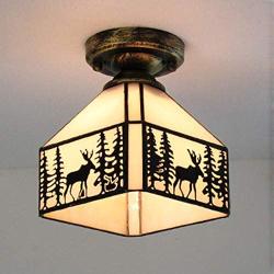 KWOKING Lighting Vintage Elk Pattern Hanging Lamp Tiffany Stained Glass Flush Mount Ceiling Light Handmade Lamp Fixture for Living Room, Hallway, Kitchen - Bronze 7.48inch