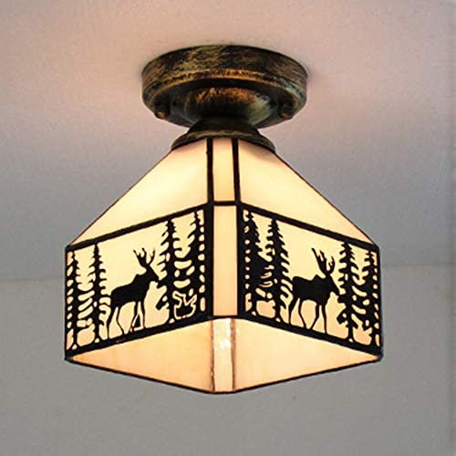 KWOKING Lighting Vintage Elk Pattern Hanging Lamp Tiffany Stained Glass Flush Mount Ceiling Light Handmade Lamp Fixture for Living Room, Hallway, Kitchen - Bronze 7.48inch