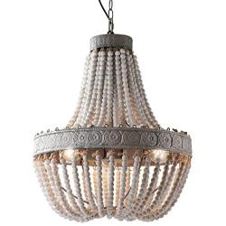 Newrays Wood Beaded Chandelier Pendant Three Lights Gray White Finishing Retro Vintage Antique Rustic Kitchen Ceiling Lamp Light Fixtures(Middle)