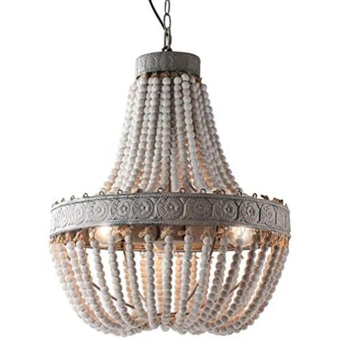 Newrays Wood Beaded Chandelier Pendant Three Lights Gray White Finishing Retro Vintage Antique Rustic Kitchen Ceiling Lamp Light Fixtures(Middle)
