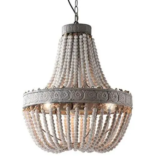 Newrays Wood Beaded Chandelier Pendant Three Lights Gray White Finishing Retro Vintage Antique Rustic Kitchen Ceiling Lamp Light Fixtures(Middle)