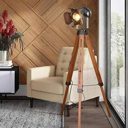 Industrial Floor Lamps for Living Room, Farmhouse Tripod Lamp for Bedrooms Vintage Steampunk Adjustable 55'' Black Metal Camera Wooden Tall Standing Lights for Study Corner, Office (No E26 Bulb)