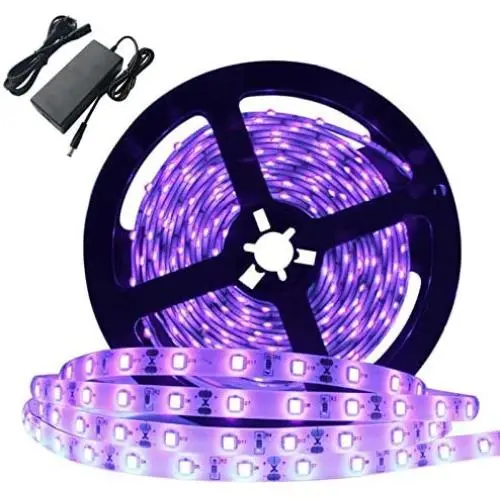 Super Bright 60 Watts UV Black Light LED Strip, 16.4FT/5M 3528 300LEDs 395nm-405nm Non-Waterproof Blacklight with 12V 5A Power Supply, for Night Fishing, Black Party