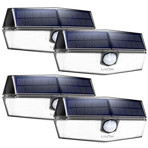 LITOM 120 LED Solar Lights Outdoor, upgraded Solar Panel with 3 Optional Modes and 270°Wide Angle, IP67 Waterproof, Portable Solar Powered Security Light 4 Pack