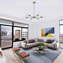 MELUCEE Modern Sputnik Chandelier Lighting 6 Lights Brushed Nickel Semi Flush Mount Ceiling Light Mid Century Modern Pendant Light for Living Room Bedroom Foyer Dining Room