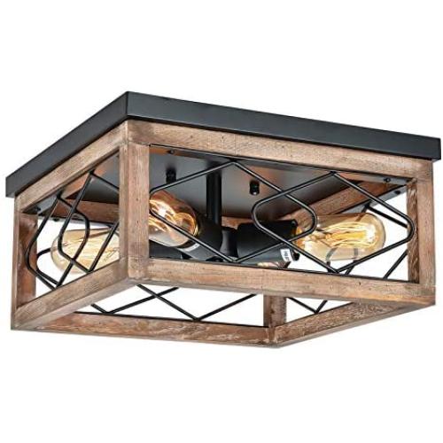 Eyassi Farmhouse Ceiling Lights, Close to Ceiling Lighting Fixtures Wooden Flush Mount 4-Light Black Ceiling Lamp for Kitchen Island Living Room Bedroom Hallway Laundry Entryway