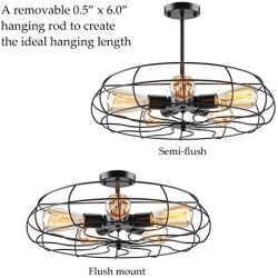 CO-Z 5 Farmhouse Light Industrial Semi Flush Mount Ceiling Light with Cage Shade, Modern Pendant Light Chandelier Light Fixture for Kitchen Living Room