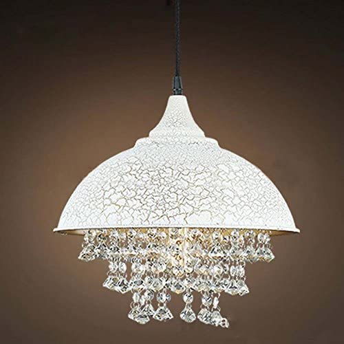 Industrial Ceiling Light, SUN RUN Creative Iron Shaded with Glittering Crystal Chandelier Vintage Metal Pendant Lamp for Dining Room Kitchen, 1-Light Fixture Using E26 Bulb, White