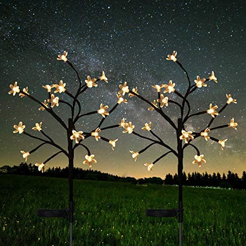 Solar Garden Lights Outdoor - 2 Pack Warm White Cherry Blossoms Flower Lights for Yard,Lawn,Pathway,Backyard,Christmas,Party