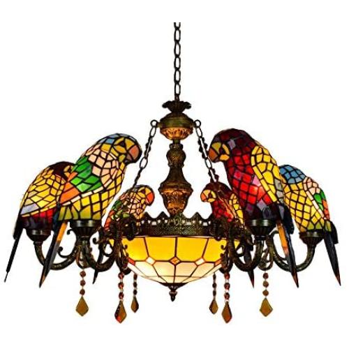 LITFAD Parrot Tiffany Crystal Chandeliers 6 Heads Pendant Lighting Stained Glass LED Ceiling Hanging Light Fixtures Pendant Lamp for Living Room Bedroom Hotel Bar