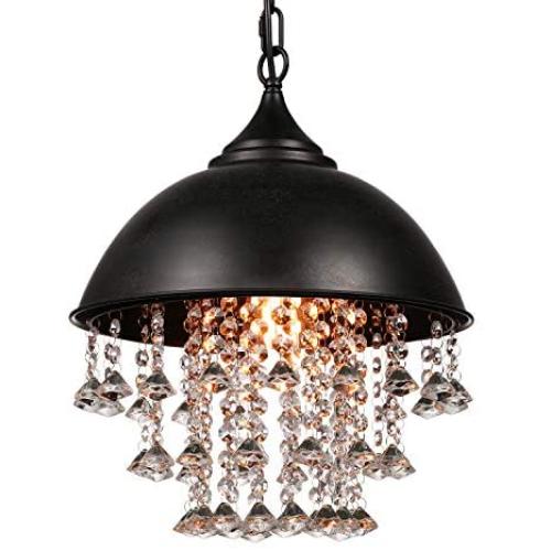 LITFAD Industrial Pendant Lamp Wrought Iron Vintage Retro Crystal Pendant Light - Adjustable 13'' Edison Metal Hanging Ceiling Light Chandelier with Hanging Crystal for Restaurant Living Room Cafe