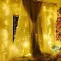 6.6FT X 6.6FT Christmas Curtain Lights for Bedroom Battery Operated Window Curtain Light Backdrop Light for Indoor, Sound Activated Music Sync Light Waterproof Waterfall Icicle Lights (Warm White)