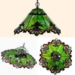 LITFAD Tiffany Style Pendant Lighting Stained Glass Cone Pendant Light 2 Lights Antique Ceiling Lamp Art Decoration Ceiling Hanging Light for Dining Room Restaurant Study Room - Green, 12.6'' (32 cm)