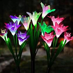 Outdoor Solar Garden Lights [3 Pack] - WdtPro Upgraded Waterproof Solar Powered Lights with 12 Lily Flower, 7 Colors Changing Solar Decorative Lights for Garden, Patio (Purple, White & Pink)