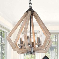 LOG BARN Wood Chandelier for Dining Room, 6-Light Farmhouse Orb Light Fixture for Kitchen Island, 19.5”W