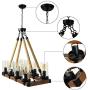 GZBtech Farmhouse Rectangular Chandelier, 8-Light 30.5 Adjustable Black Iron & Wood Large Pendant Lighting, Rustic Sturdy Hemp Rope Hanging Lights with Seeded Glass Shade for Dining Living Room