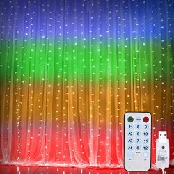 Curtain String Lights,Music Control Window String Lights 300 LED Fairy Twinkle Lights with 8 Modes Remote Control Fit Bedroom Wedding Party Backdrop Outdoor Indoor Wall Decoration(Multicolor)