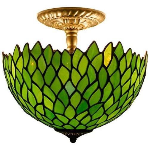 Tiffany Ceiling Light Fixture W12H11 Inch Semi Flush Mount Green Stained Glass Wisteria Shade S523 WERFACTORY Lamps Lover Parent Dining Living Room Bedroom Study Entry Kitchen Island Bar Hallway Loft