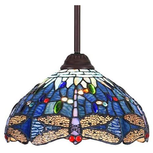 Capulina Tiffany Style Kitchen Lighting, 1-Light Stained Glass Lighting Fixtures, 11.8 inch Wide Lampshade Kitchen Island Lighting, Beautiful Dragonfly Style Tiffany Hanging Pendant Light