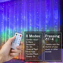 Curtain String Lights,Music Control Window String Lights 300 LED Fairy Twinkle Lights with 8 Modes Remote Control Fit Bedroom Wedding Party Backdrop Outdoor Indoor Wall Decoration(Multicolor)