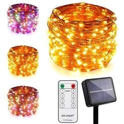 ErChen Dual-Color Solar Powered LED String Lights, 100FT 300 LEDs RF Remote Control Color Changing 8 Modes Copper Wire Decorative Fairy Lights for Outdoor Garden Patio (Warm White, Multicolor)