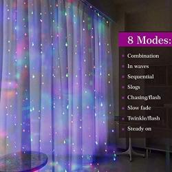 YONISO Curtain String Lights, Hanging Window Lights with Remote Control USB Powered,8 Twinkle Modes Fairy Lights for Christmas Bedroom Wall Party Wedding Indoor Decorations,300 LED (Multicolor)