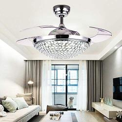 Lighting Counter Crystal Ceiling Fan with Light Indoor, Invisible Retractable Blades Candelier Fan 3 Colors 3 Speeds, LED Remote Control Fan Light Fixture,Modern Chandelier for Living Dining Room 42''(Silver)