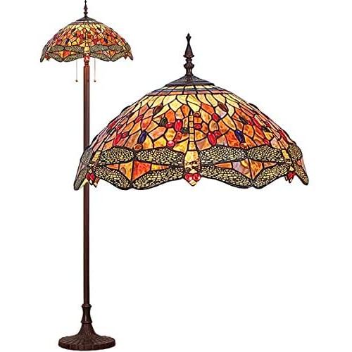 Bieye L11404-3 Dragonfly Tiffany Style Stained Glass Floor Lamp with 18 Inch Wide Handmade Shade, Metal Base with Dark Brown Baking Finish, Orange, 63 inch Tall