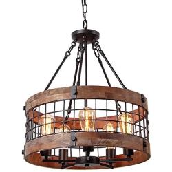 Anmytek Round Wooden Chandelier Metal Pendant Five Lights Decorative Lighting Fixture Antique Ceiling Lamp (Five Lights)