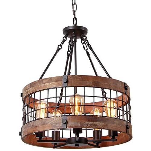 Anmytek Round Wooden Chandelier Metal Pendant Five Lights Decorative Lighting Fixture Antique Ceiling Lamp (Five Lights)