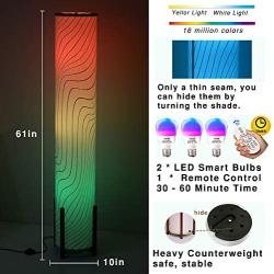 CAUDTK Column Modern Floor Lamp LED Color Changing 3 Smart Bulbs Remote Control Shade 61inches Black Wave Pattern Standing Decorative Bamboo Base Corner Floor Lamp for Living Room Bedroom