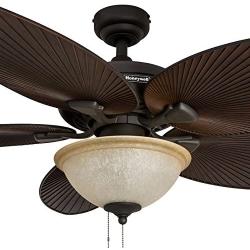 Honeywell Palm Island 52-Inch Tropical Ceiling Fan with Sunset Glass Bowl Light, Five Palm Leaf Blades, Indoor/Outdoor, Bronze