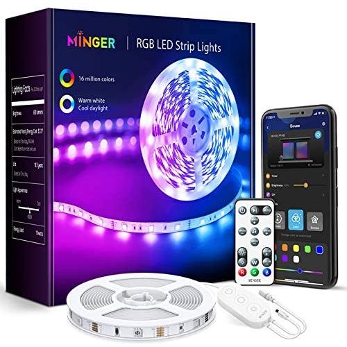 MINGER LED Strip Lights Bluetooth, 16.4ft Music Sync LED Lights with App Phone, Remote, Control Box, RGB Color Changing Lights with 64 Scenes Modes, DIY for Room, Bedroom, Kitchen, TV, Office, Party